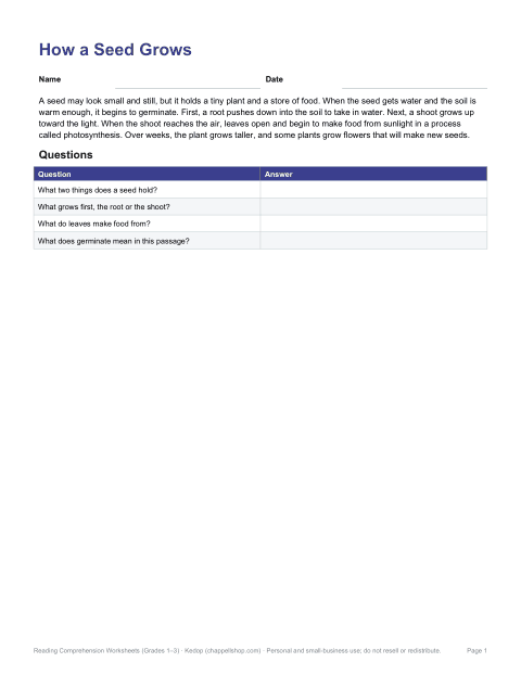 Preview of the first page of How a Seed Grows (Grade 3)