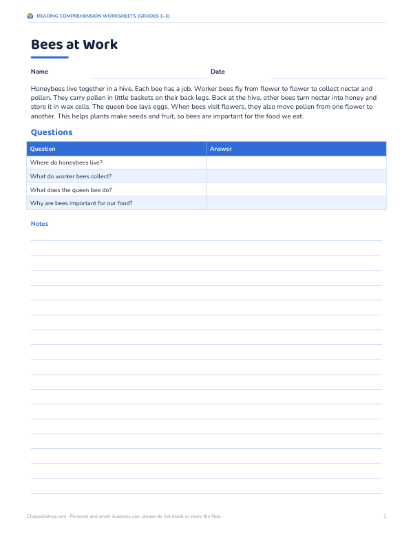 Preview of Bees at Work Reading Comprehension Worksheet