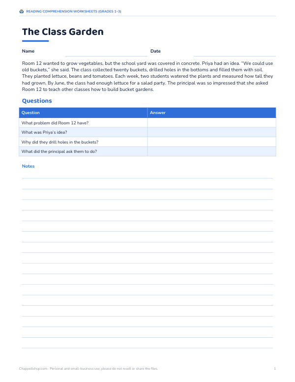 Preview of Printable The Class Garden Reading Worksheet