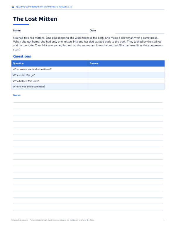 Preview of The Lost Mitten Reading Comprehension Worksheet